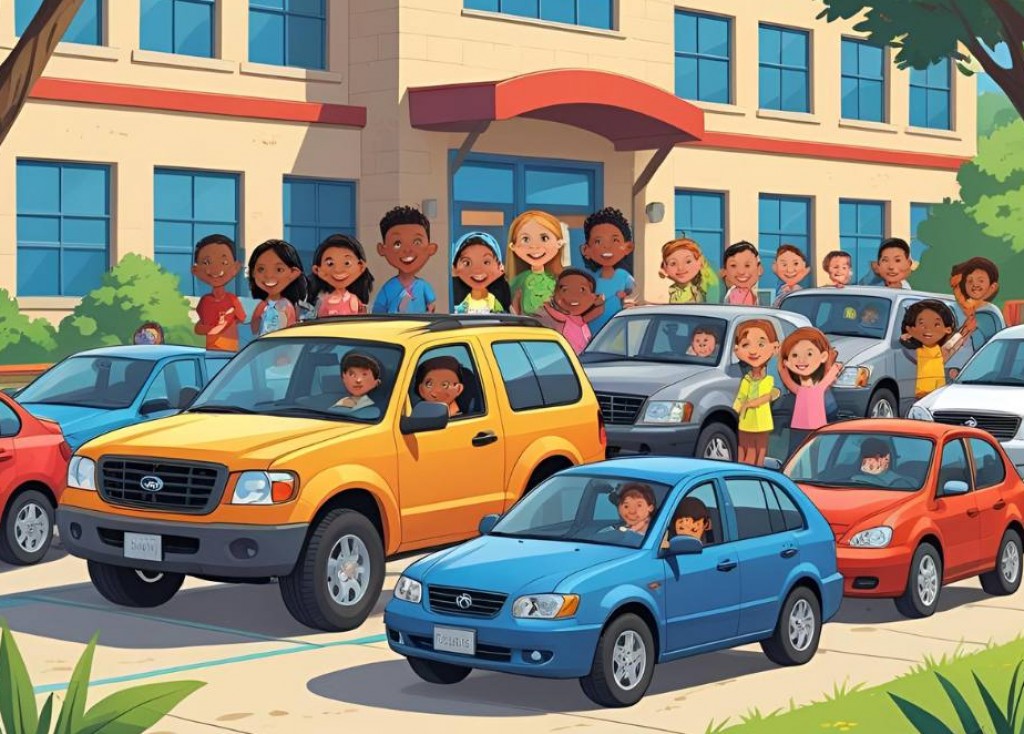 Image of children waiting on sidewalk outside a school and parents in cars waiting pick up or drop off.